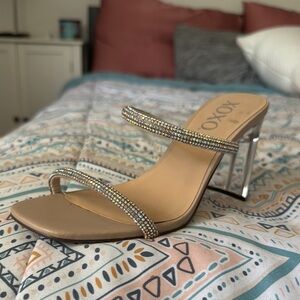 XOXO Tan and Silver Heels with Rhinestone Embellishments